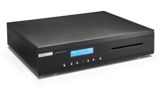 A black Musical Fidelity M2sCD CD player at an angle on a white background.